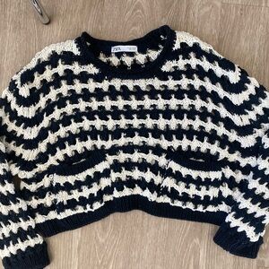 Zara Navy and Cream Open-Knit Striped Crewneck Sweater
